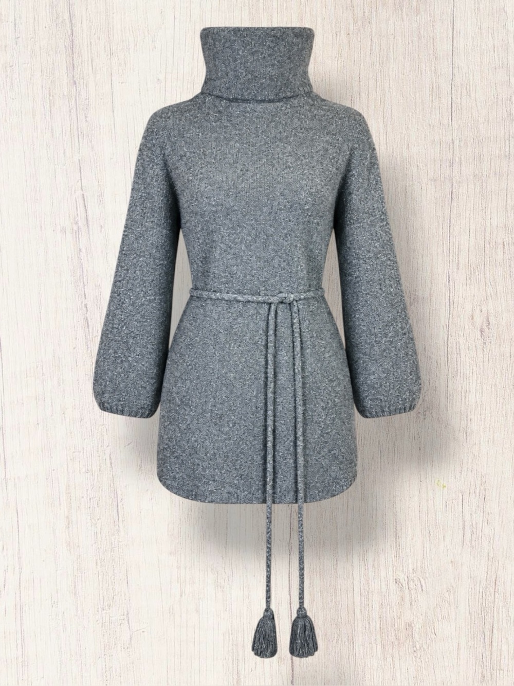 Talbots Sweater Grey 100% Cashmere Tassel Belt Turtleneck Quiet Luxury Boho MP